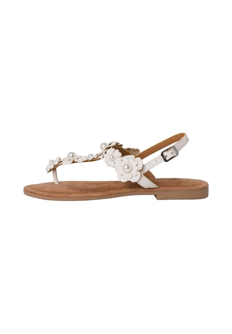 Sandali bianchi floreali con accenti di perla, suola piatta, cinturino regolabile, soletta simile alla pelle scamosciata, design open-toe e stile minimalista.