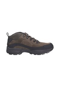 Bruine wandelschoenen met een gestructureerde suede bovenkant en een zwarte rubberen zool. Voorzien van een versterkte neus, metalen oogjes en een treklipje aan de achterkant.