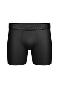 Svarta boxerkalsonger med en texturerad tyg, prydda med ett brett midjeband prentat med "FRANKDANDY." Strömlinjeformad, figurnära design.