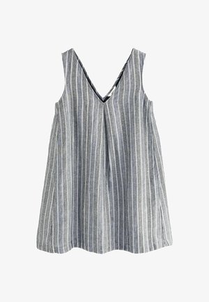 Tunique sans manches rayée en gris et blanc, dotée d'un décolleté en V et d'un design ample et fluide avec une surface légèrement texturée.