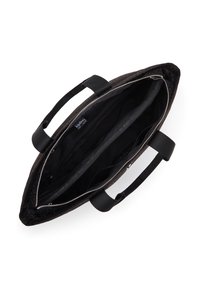 Black tote bag with a textured exterior, zip closure, and fabric handles. Interior includes multiple compartments for organization.