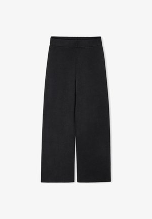 Pantaloni larghi neri realizzati in tessuto morbido, con una cintura liscia e una vestibilità dritta dai fianchi all'orlo, privi di tasche e cuciture visibili.