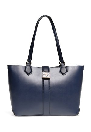 Borsa tote in pelle blu navy con due spalline e una cinghia centrale con fibbia argentata e piccolo emblema.