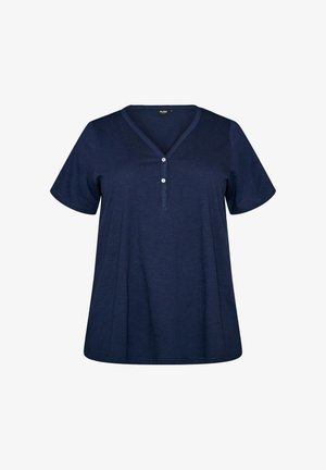 Zizzi, FLASH - T-SHIRT MIT KNOPFLEISTE - T-shirts basic - blau