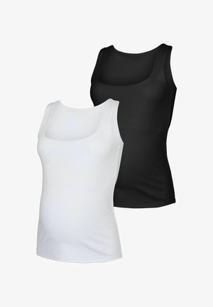 Twee zwangerschapstanktops in zwart en wit, gemaakt van zachte, rekbare stof. Vierkante halslijn, mouwloos ontwerp met een getailleerde pasvorm.