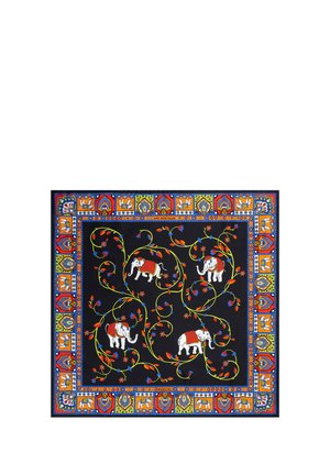 Schwarzschal mit bunten, gestickten Elefanten und Blumenmustern, umrandet von filigranen geometrischen Designs in Blau, Orange und Gelb.