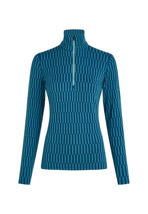 Teal pitkähiuksinen neljännesvetoketjutoppi, jossa on vaihtelevaa leveyttää omaava raidallinen kuvio, valmistettu pehmeästä, tekstuurisesta kankaasta.