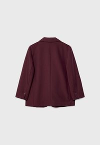 Burgundowa kurtka z wełny z klapami, prostym krojem i długimi rękawami. Posiada podwójne guziki przy mankietach oraz czysty design pleców.