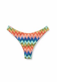 Flerfärgad bikiniunderdel med ett zigzag-mönster i röd, orange, blå och grön, tillverkad av elastisk tyg med en slät yta.