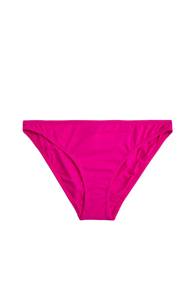 Rosa Bikiniunterteile aus dehnbarem Material, mit einem schlichten Design, elastischen Besätzen und minimaler Abdeckung an Taille und Beinen.