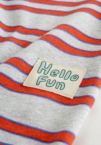 Sivá látka s červenými a modrými horizontálnymi pruhmi, s krémovým štvorcovým záplatou s nápisom "Hello Fun" v zelenom texte. Mäkká textúra.