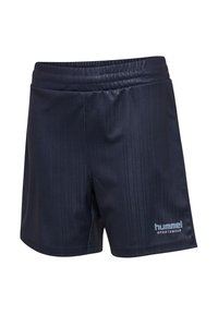 Short de sport bleu marine avec ceinture élastique, rayures verticales discrètes et logo blanc "hummel SPORTSWEAR" sur la jambe gauche.