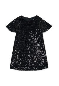 Robe noire à manches courtes recouverte de sequins, avec un col rond et une fermeture éclair au dos. Les sequins présentent un effet dégradé scintillant.