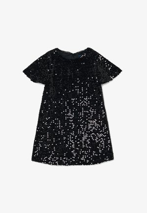 Zwart kortgeleden jurk bedekt met pailletten, met een ronde halslijn en een ritssluiting aan de achterkant. De pailletten tonen een schitterend verloop effect.