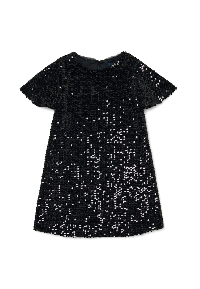 Robe noire à manches courtes recouverte de sequins, avec un col rond et une fermeture éclair au dos. Les sequins présentent un effet dégradé scintillant.
