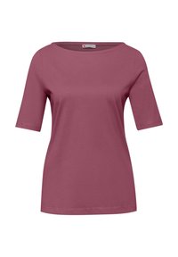 T-shirt da donna color malva con maniche corte, collo rotondo, vestibilità aderente e maniche di media lunghezza.