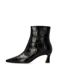 Black leather ankle boot with a pointed toe, featuring a crocodile texture, a slim mid-heel, and a sleek, minimalist design.