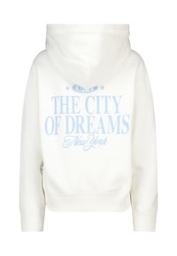 Felpa bianca con cappuccio e testo azzurro chiaro sulla schiena che recita "USA La città dei sogni New York."