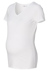 Witte zwangerschaps T-shirt gemaakt van zachte katoen, met een V-hals, korte mouwen en een aansluitend ontwerp dat ruimte biedt voor een zwangere buik.