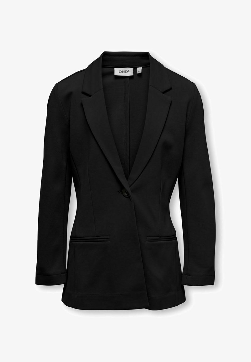 Svart kavaj designad i strukturerad tyg med en figursydd passform, slagkrage, två framfickor och en enkel knappstängning.