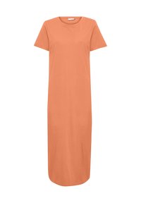 Robe à manches courtes, longueur cheville, faite d'un tissu lisse de couleur corail-orange uni avec un col rond et une coupe décontractée.