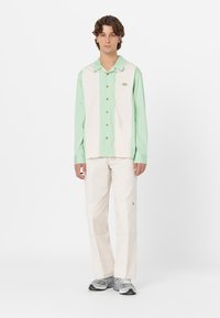 Camisa de botones de manga corta en verde claro y beige, con un logo bordado, combinada con pantalones rectos beige y zapatillas grises.