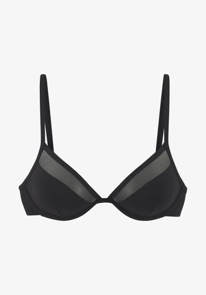 Crni trokutasti grudnjak s prozirnim mrežastim panelima na vrhu, podešavajućim trakama i mekanim materijalom. Jednostavan dizajn bez dodatnih uzoraka ili dijelova.