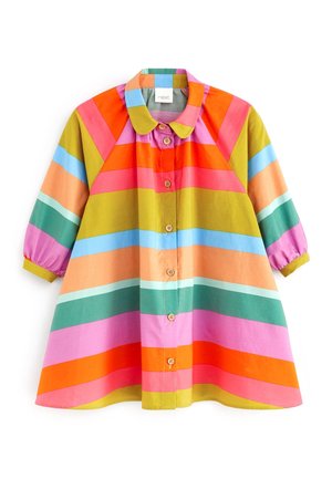 Buntes, gestreiftes Hemd mit kurzen Puffärmeln in Grün-, Pink-, Orange- und Blautönen; durchgehende Knopfleiste; weicher Stoff.