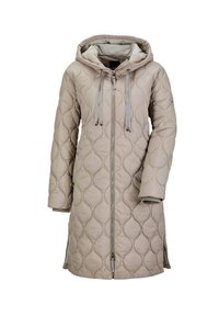 Gepolsterter Mantel in hellbeige, mit Kapuze, Vorderreißverschluss und Seitenschlitzen. Verfügt über eine glatte Textur und ein dezentes Muster von abgerundeten Formen.