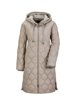 Gequiltede jas in lichtbeige, met een capuchon, voorrits en zijslits. Heeft een gladde textuur en een subtiel patroon van ronde vormen.