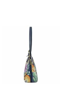 Kleurrijke handtas met een marineblauwe basis en een luipaardprint met bloemmotieven. Voorzien van een schouderband en een gouden rits.