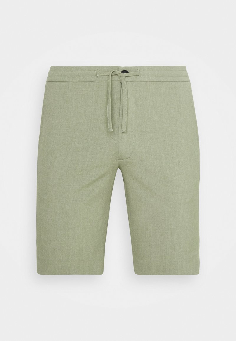 Světle zelené šortky vyrobené z texturovaného materiálu. Mají pružný pas s šňůrkou a knoflíkem pro zapínání.