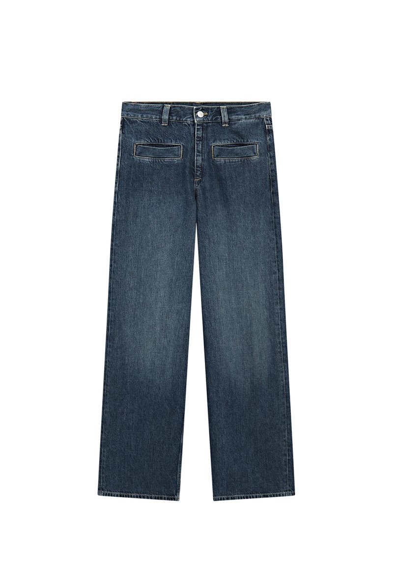 Jeans in denim a gamba larga in lavaggio blu scuro. Realizzati in cotone, con due tasche posteriori e passanti standard per cintura. Design pulito e minimalista.