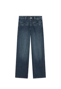 Granatowe dżinsy typu wide-leg wykonane z denimu. Posiadają zapięcie na guzik, szlufki na pasek oraz dwie tylne kieszenie w klasycznym wzorze.