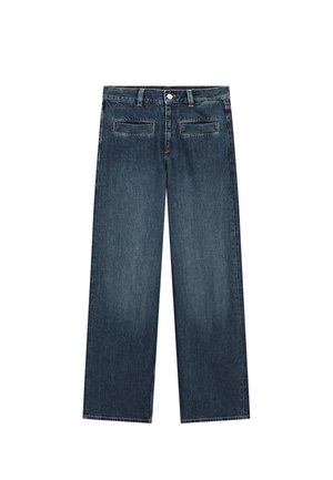 Dunkelblaueweite Jeans aus Denim. Mit einem Knopfverschluss, Gürtelschlaufen und zwei Gesäßtaschen mit einem klassischen Design.