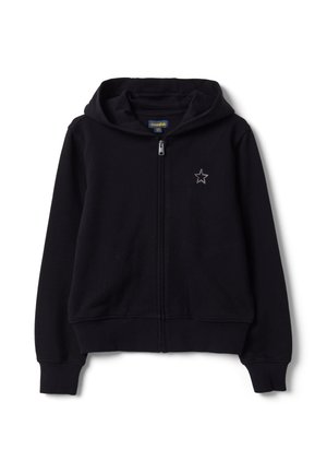 Zwarte zip-up hoodie met capuchon, lange mouwen, geribde boorden en een klein wit sterontwerp op de linkerborst.