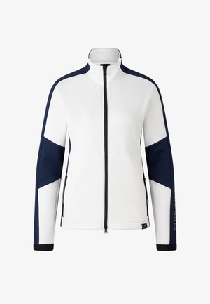 Weiß-navyblauer Zip-up-Jacke mit hohem Kragen, mit Farbblock-Design, glatter Textur und seitlichen Reißverschlusstaschen. "FIRE" auf dem Ärmel gedruckt.