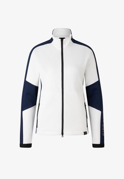 Weiß-navyblauer Zip-up-Jacke mit hohem Kragen, mit Farbblock-Design, glatter Textur und seitlichen Reißverschlusstaschen. "FIRE" auf dem Ärmel gedruckt.