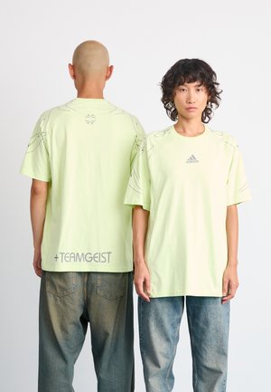 Lys grøn oversized t-shirt lavet af bomuld. Har diskrete grafiske linjer, rund halsudskæring og +TEAMGEIST tekst på ryggen. Casual pasform.