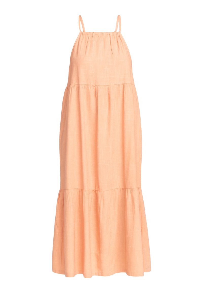 Robe maxi en lin couleur pêche avec des fines bretelles, un corsage froncé et un ourlet à volants. Texture douce avec une silhouette décontractée.