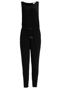 Combinaison noire sans manches, taille élastique avec cordon de serrage. Tissu lisse et jambes fuselées offrant une silhouette ajustée.