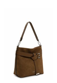Brown faux suede shoulder bag with a structured shape, a wide strap, and a contrasting black trim. Features a prominent belt-like detail and silver hardware.