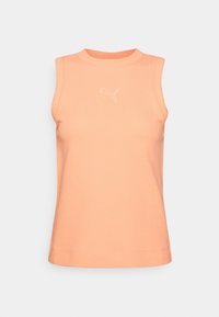 Bezrękawnik sportowy w jasnopomarańczowym kolorze, z teksturowanej tkaniny, o wysokim, okrągłym dekolcie i białym logo Puma na piersi.