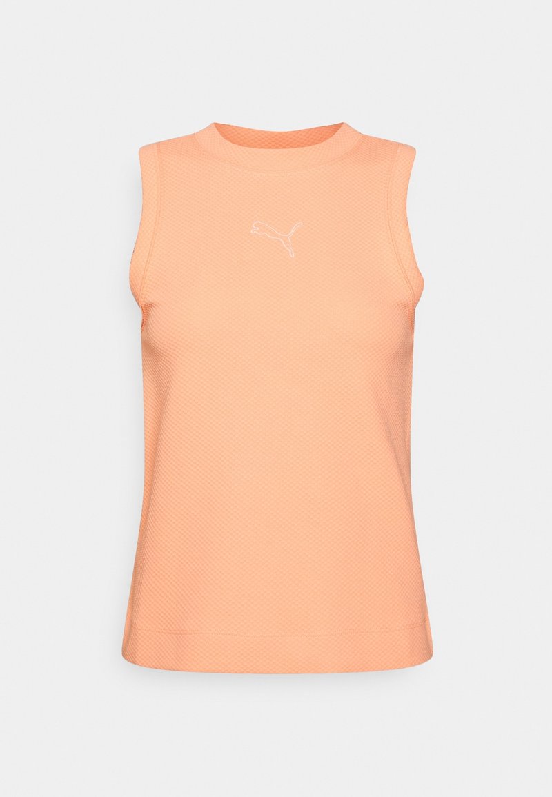 Bezrękawnik sportowy w jasnopomarańczowym kolorze, z teksturowanej tkaniny, o wysokim, okrągłym dekolcie i białym logo Puma na piersi.