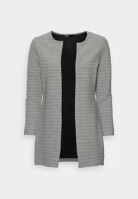 Cardigan gris con textura acanalada, diseño de abertura frontal y mangas tres cuartos. Panel central negro que crea un efecto de contraste.