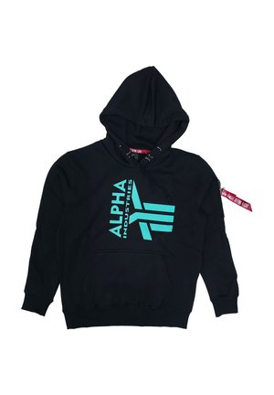 Black hoodie with light blue "Alpha Industries" logo on front, front pouch pocket, drawstring hood, and red tag on upper sleeve zipper pocket.