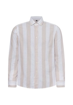 Long-sleeve button-up shirt in beige and white striped linen, featuring a collar, button front, and cuffed sleeves.