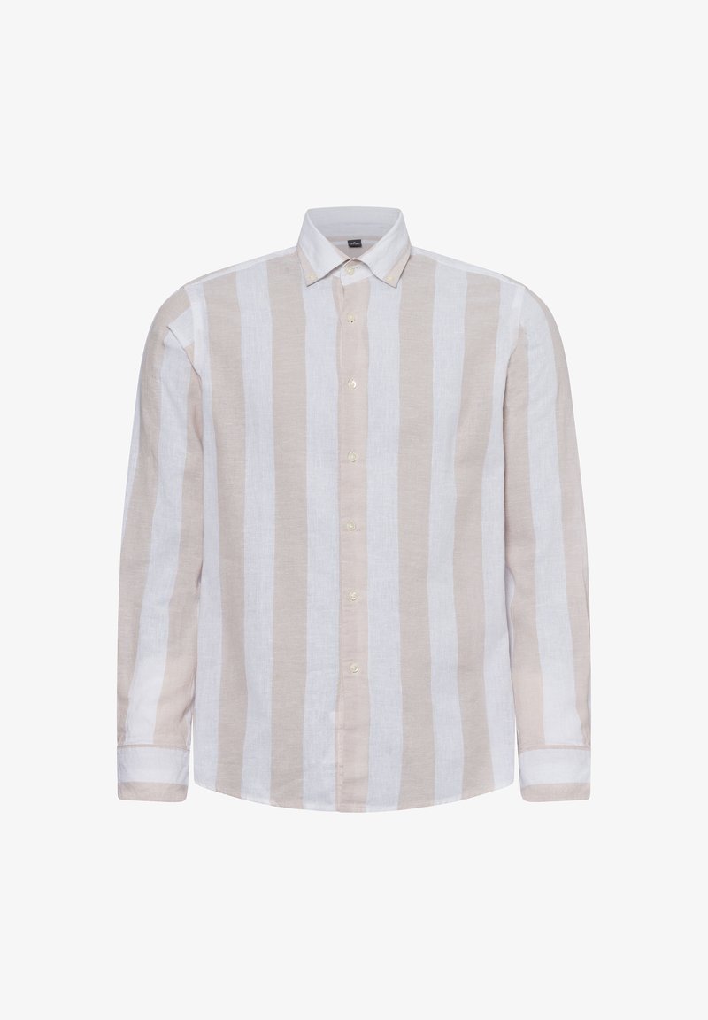 Langärmliges Hemd aus beigefarbenem und weiß gestreiftem Leinen, mit Kragen, Knopfleiste und geknöpften Ärmeln.