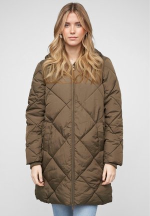 Olivgrüne, gestepfte Puffermantel mit Reißverschluss vorne, seitlichen Taschen und gerippten Bündchen. Mit Kapuze und einem Diamantmuster auf dem Stoff.