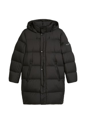 Zwarte donsjas met capuchon, voorzien van doorgestikte panelen, drukknoopsluiting aan de voorkant, twee zijzakken en een subtiel merkembleem op de mouw.